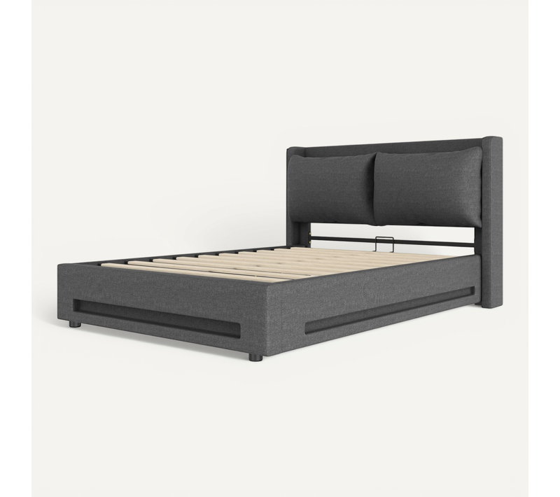 Lit Coffre 140x200 Cm - Lit Capitonné - Rangement - LED - USB-c - Coussins Amovibles - Lin - Gris