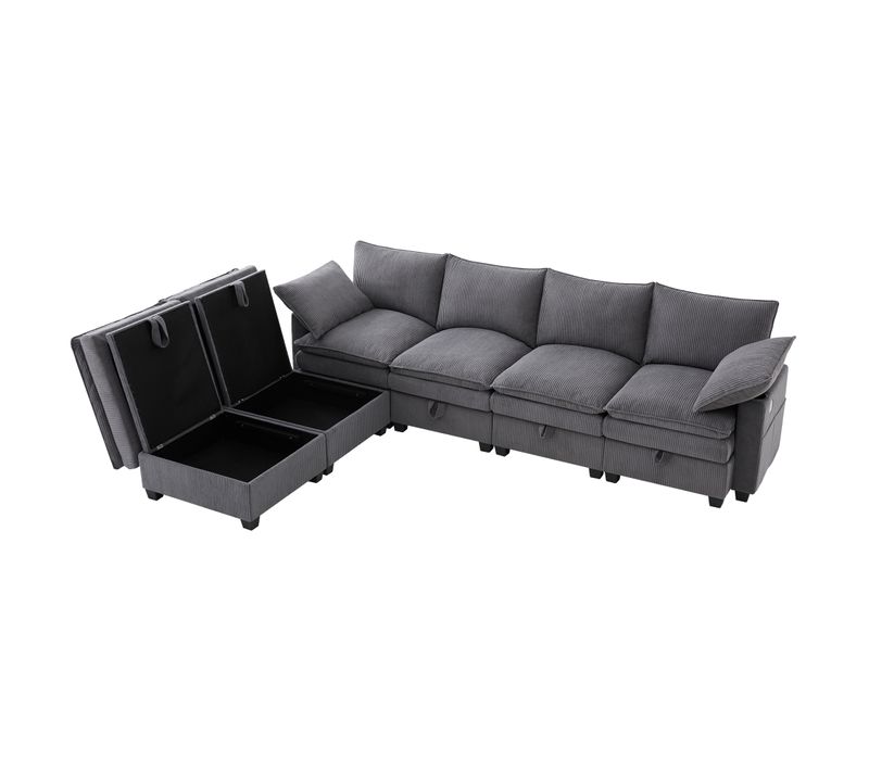 Canapé D’angle Modulable En Velours, Avec Pouf Et Rangement, Port USB Et Porte-gobelet, Gris