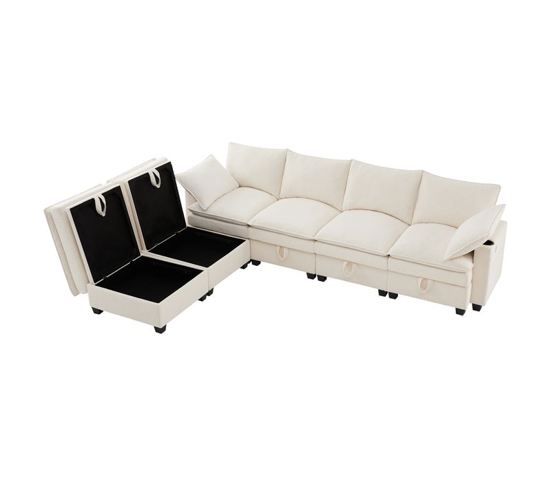 Canapé D’angle Modulable En Velours Beige Avec Pouf, Coffre, USB Et Porte-gobelet