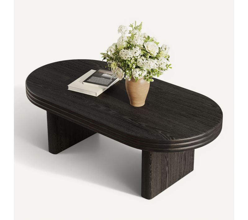 Table Basse - Forme Ovale - Style Médiéval - Rainures Décoratives - Salon - Bureau - Mdf - Noir