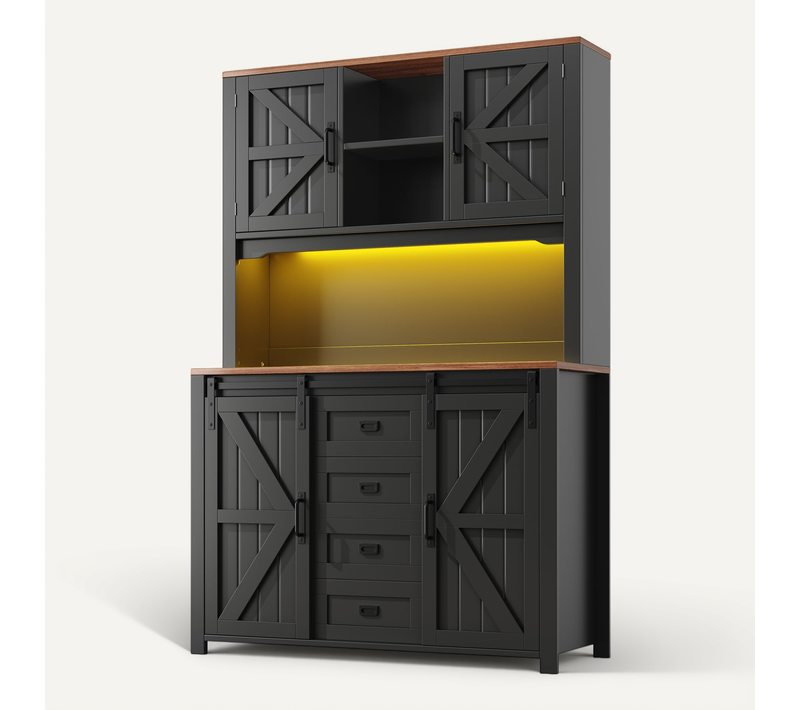 Buffet Haut - Vitrine - Portes Coulissantes - LED - Grande Capacité - Armoire Rangement - Mdf - Noir