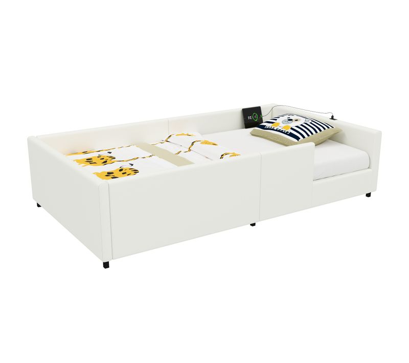 Lit Simple 90x200 Cm - Lit Enfant Avec Barrières Et Station De Charge - Blanc