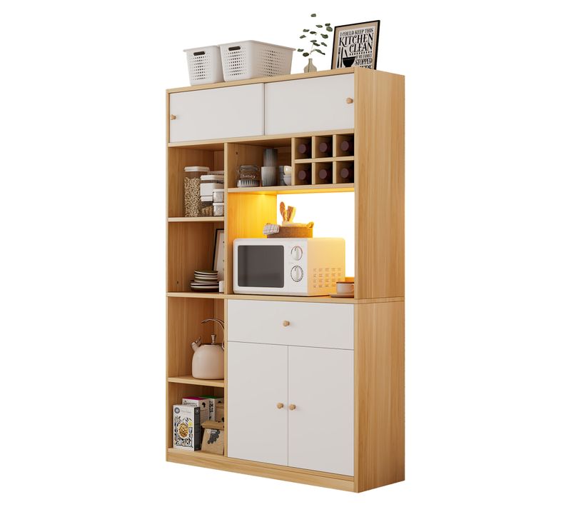 Buffet Haut - Multifonction - Tiroir - LED - Portes Rangement Vaisselle - Spanplatte - Blanc/nature