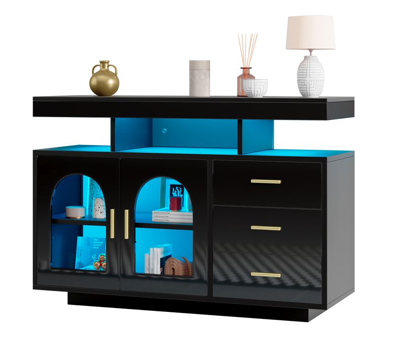 Buffet - Meuble De Rangement Bahut Avec Tiroirs Et Portes Battantes - LED 16 Couleurs - Mdf - Noir