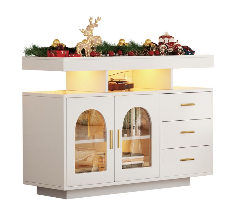 Buffet Meuble De Rangement - LED - Tiroirs Et Portes Battantes - Rangement Vaisselle - Mdf - Blanc