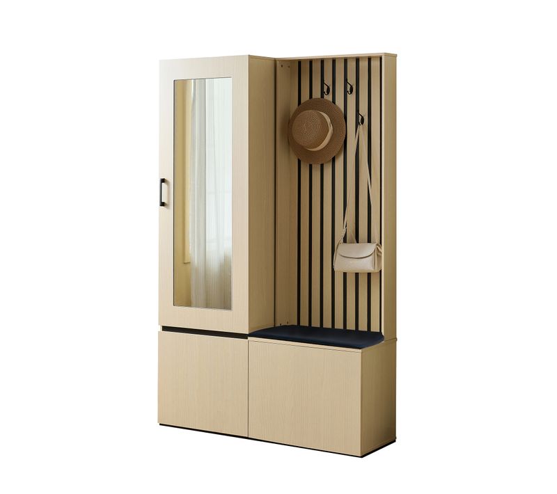 Meuble Entrée - Vestiaire Complet Avec Tringle Miroir Et Rangement Chaussures - Mdf - Nature