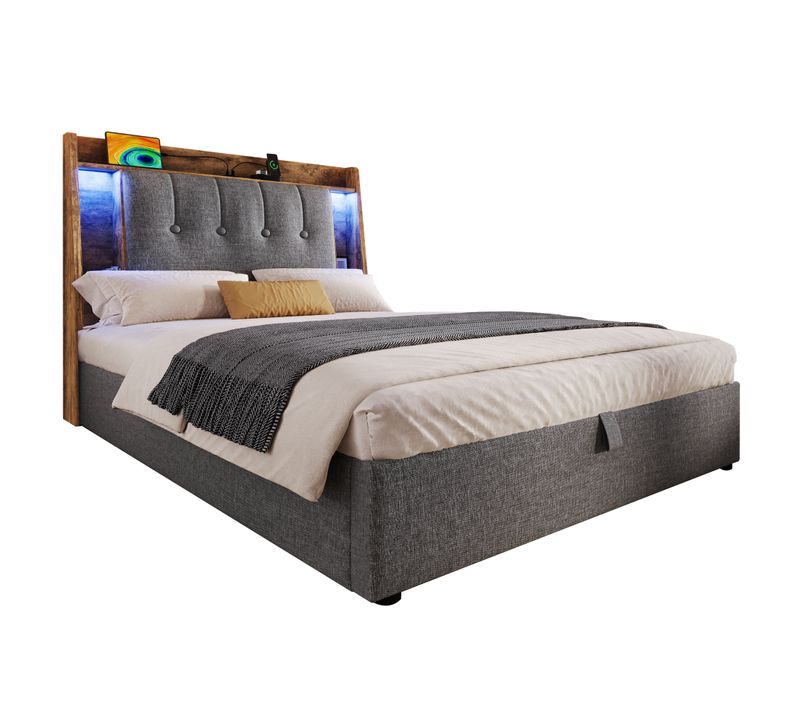 Lit Coffre 90x200 Cm Enfant/ado - Coffre Relevable - LED Et Port USB Type-c - Tissu Lin - Gris