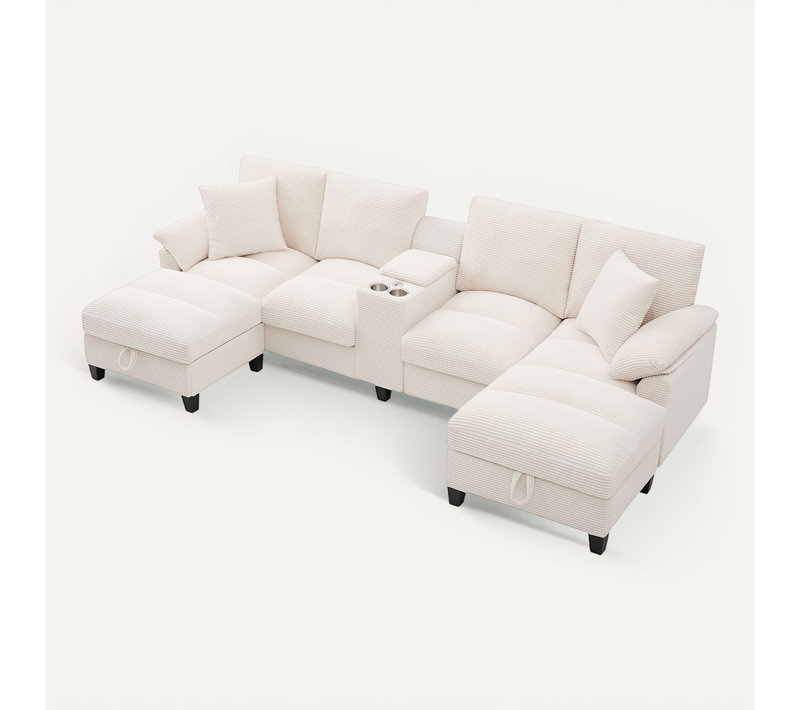 Canapé Compressé - Canapé angle fixe - 4 places - USB - Porte-gobelets - Coussins - Beige