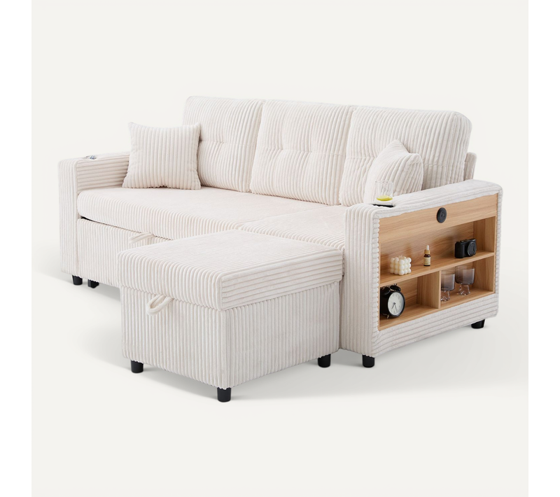 Canapé-lit Convertible 3 Places - Avec LED - Fonction Lit - Coussins -structure Contreplaqué -beige