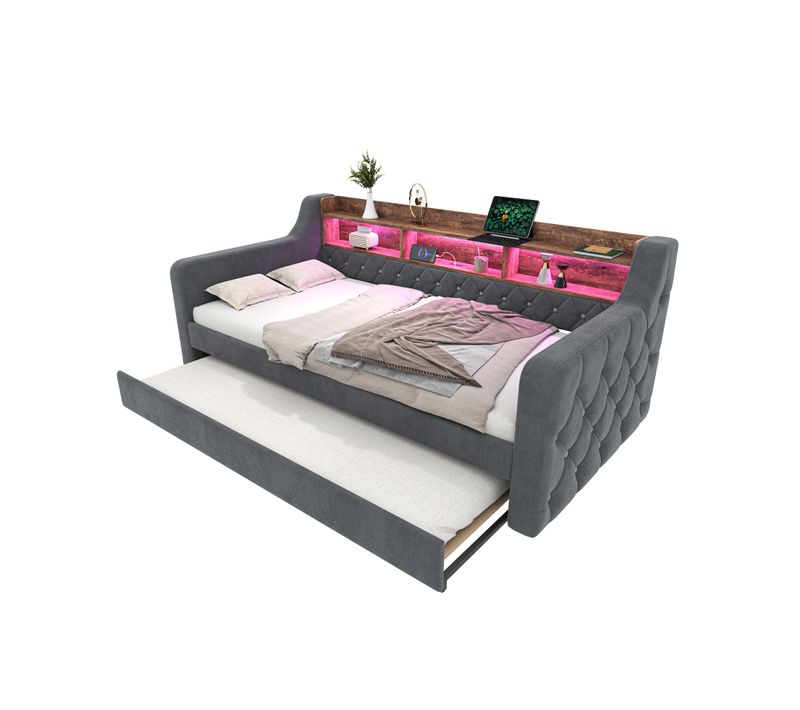 Lit Gigogne Capitonné 90x190 Cm, Lit Extensible Gris Avec Rangement Et LED