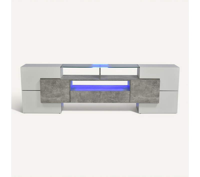 Meuble TV 200 Cm Avec LED Et Plateau En Verre - Design Moderne - Structure Mdf - Gris Et Blanc