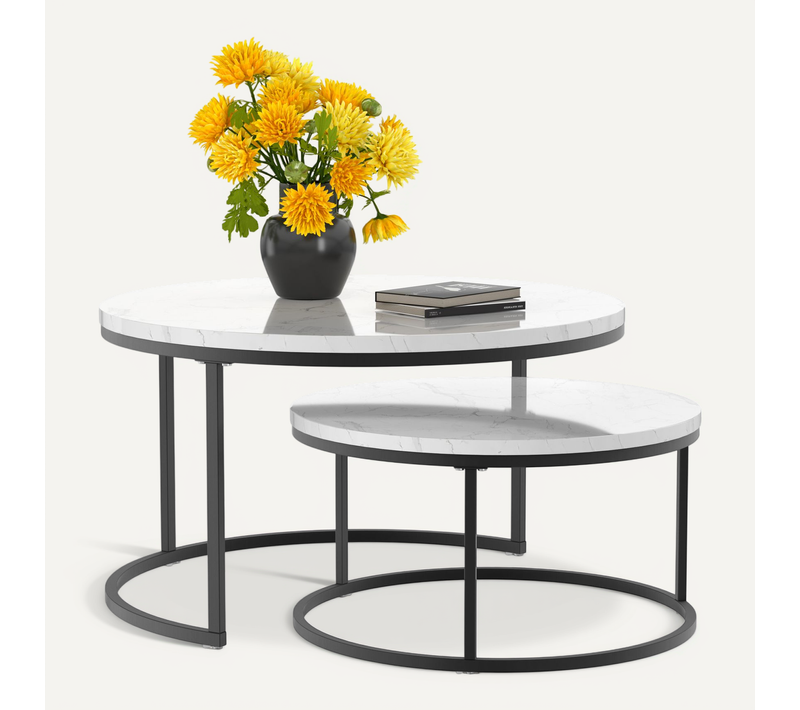Table Basse Gigogne Avec 2 Tables Rondes - Empilables Pour Salon Et Bureau- Moderne - Blanc