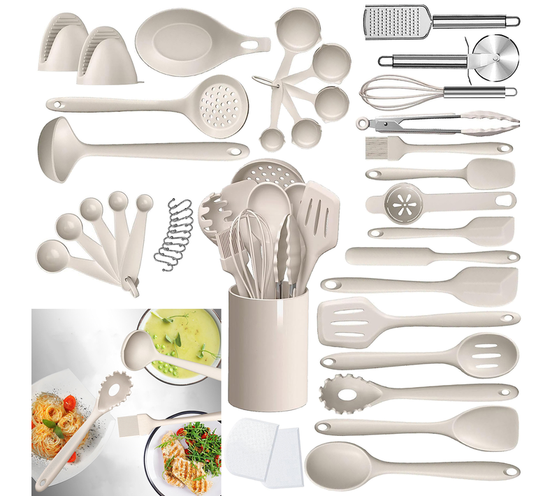 Ustensiles De Cuisine -ensemble 43 Pièces Avec Spatules, Cuillères Et Accessoires Antiadhésifs -kaki