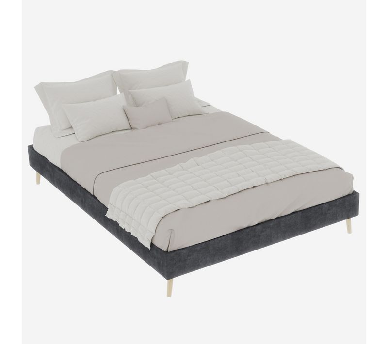Lit Double 140×200 Cm - Lit Bas Moderne - Chambre Ado - Velours - Gris