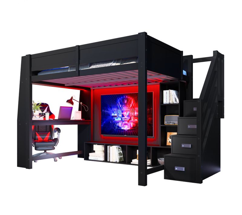 Lit Mezzanine 140x200 Cm - Lit En Bois Avec Bureau Et Escaliers De Rangement, Noir
