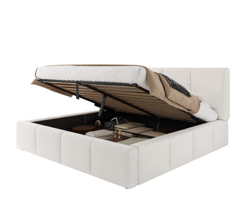Lit Coffre 180x200 Cm - Lit Avec Sommier à Lattes - Tête Capitonnée - Rangement - Bouclé - Beige