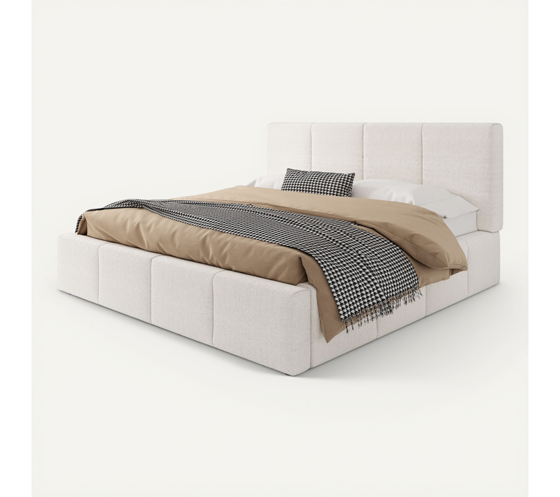 Lit Double 180x200 Cm - Lit Avec Tête Capitonnée - Sommier à Lattes - Rangement - Bouclé - Beige