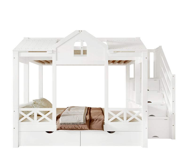Lit Superposé Enfant 90/140×200 Cm- Escalier Rangement -2 Tiroirs Roulettes -toit Fenêtres-mdf-blanc
