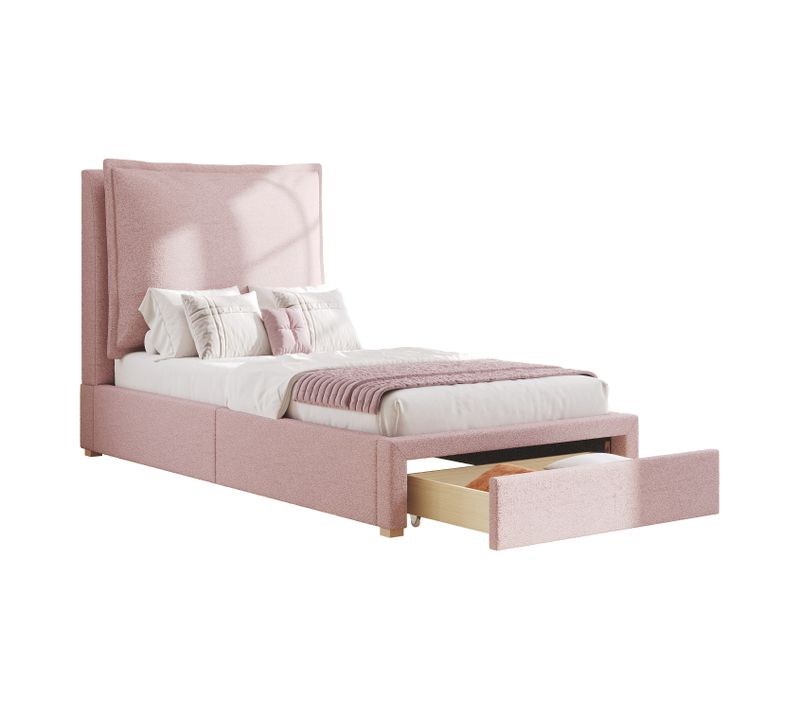 Lit Enfant 90x200 Cm - Lit Simple - Sommier à Lattes - Rangement Intégré - Tissu Chenille - Rose