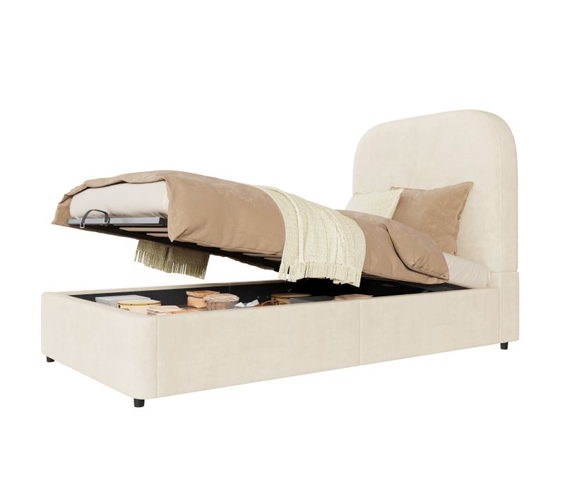 Lit Coffre 90x200 Cm - Sommier à Lattes - Tête Capitonnée - Rangement Hydraulique - Velours - Beige