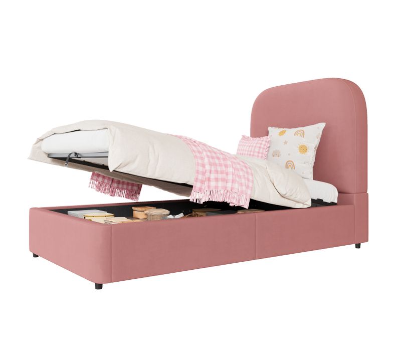 Lit Coffre 90x200 Cm - Sommier à Lattes - Tête Capitonnée - Rangement Hydraulique - Velours - Rose