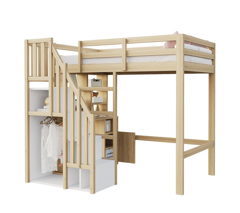 Lit Mezzanine 90x200 Cm - Bureau Et Rangement - Armoire Intégrée - Échelle Sécurisée - Bois Naturel