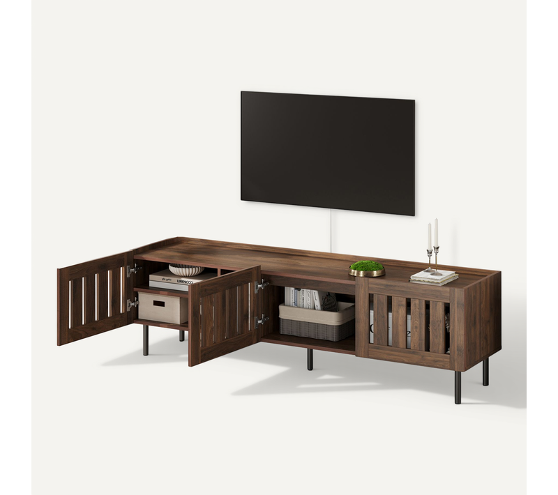 Meuble TV Bas Design Ajouré Avec Rangements, Support 65 Pouces, Mdf, Finition Noyer