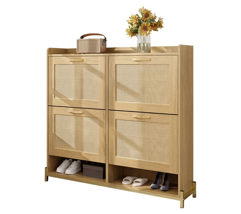 Meuble à Chaussures 4 Portes - Bois Avec Rangement Et Portes Rotin - Contemporain - Chêne Clair