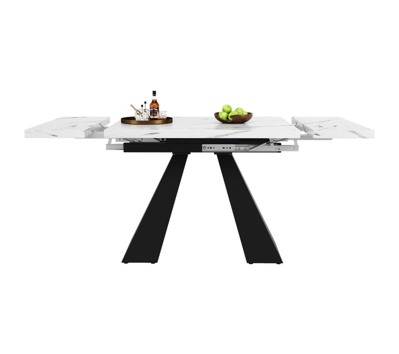 Table à Manger Rectangulaire Extensible - Effet Marbre - Pieds En Colonne - Mdf Et Métal - Blanc