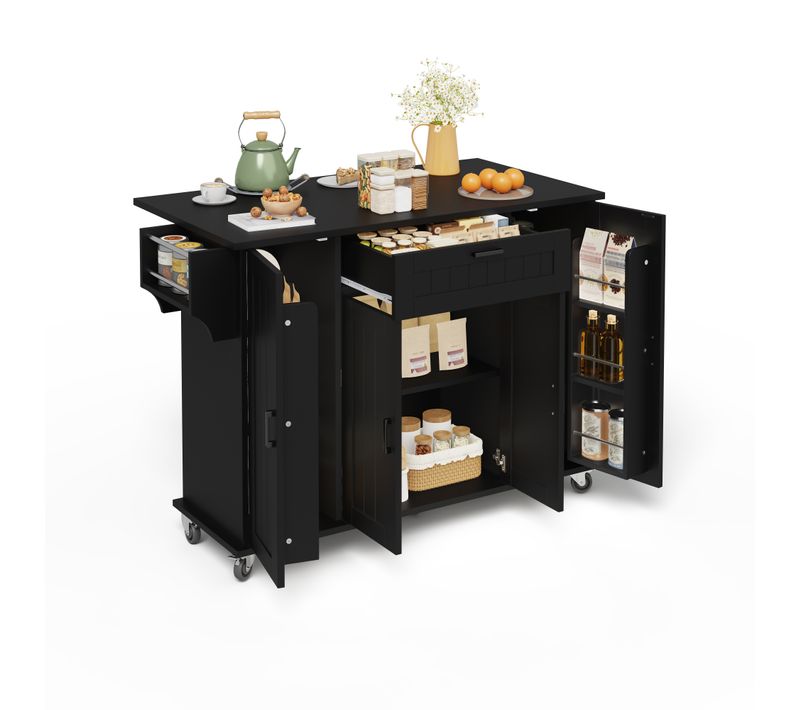 Îlot De Cuisine - 4 Portes - Tiroir - Porte-épices Intégrées - Roulettes -plateau Pliable - Mdf Noir