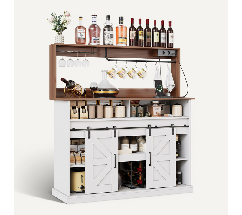 Buffet De Cuisine - Style Maison De Campagne - Verres - Ac + USB - Rangement - Portes Coulissantes