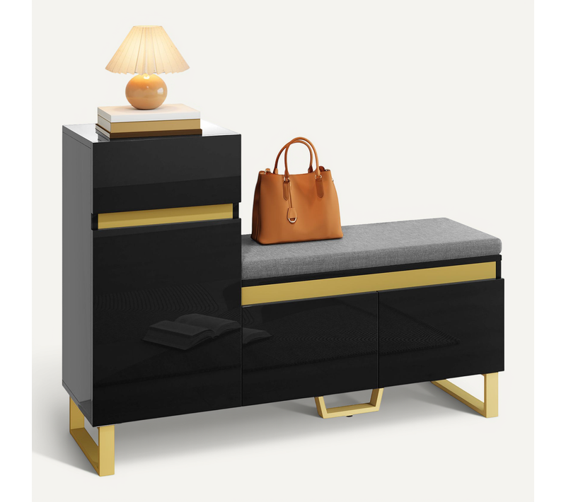 Meuble à Chaussures Pour Entrée - Rangement Avec Tiroir Et Portes - Banc Moelleux - Mdf - Noir