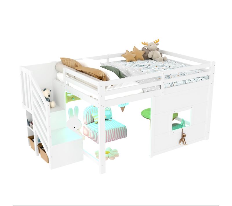 Lit Mezzanine 140x200 Ado Avec Escaliers De Rangement, Garde-corps Et LED,structure Stable, Blanc