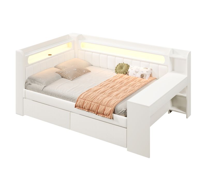 Lit Banquette 140x200 Cm,lit Ado Rembourré Avec Bureau Intégré,led Et Ports USB,2 Tiroirs, Mdf Blanc