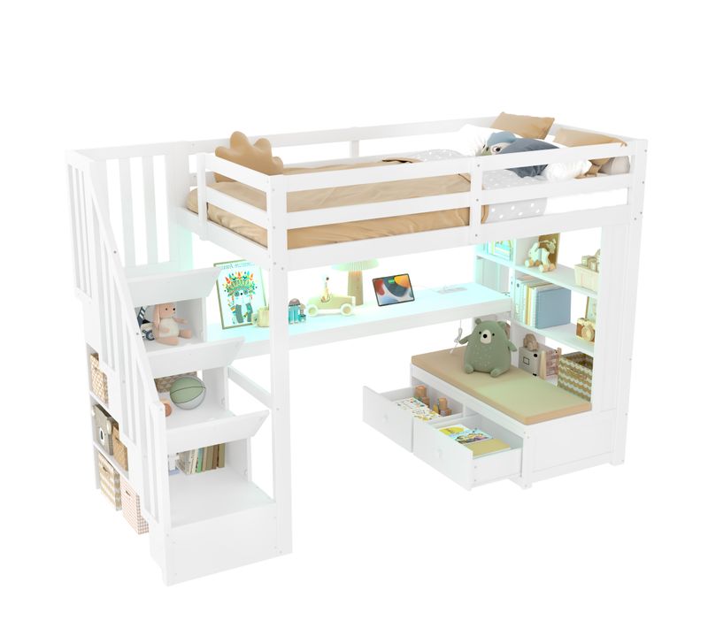 Lit Mezzanine Enfant 90x200 Ado Avec Bureau, 2 Tiroirs Et LED Intégrée,structure Stable,blanc