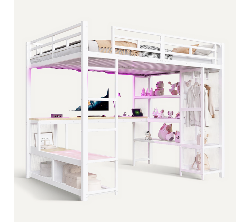 Lit Mezzanine 140x200 Cm,lit Ado Avec Bureau Et Armoire Ouverte, LED Intégrée,blanc