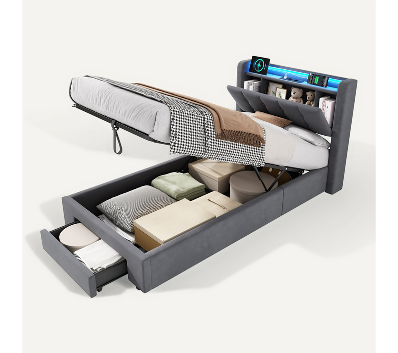 Lit Rembourré 90x200 Cm -coffre De Rangement -prises Intégrées - LED - Style Boxspring - Gris Foncé