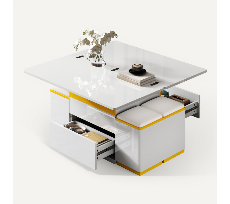 Table Basse - Table D’appoint Avec Plateau Relevable Et Fonction Pliable - Blanc Et Jaune