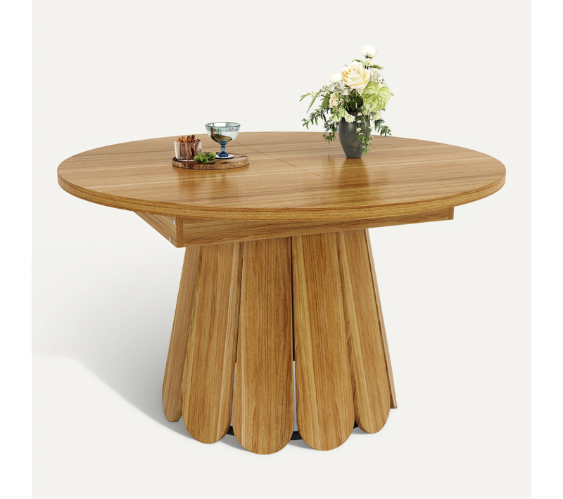 Table à Manger Ronde Extensible En Ovale - Allonge - Plateau Mdf - Pieds Métal - Brun