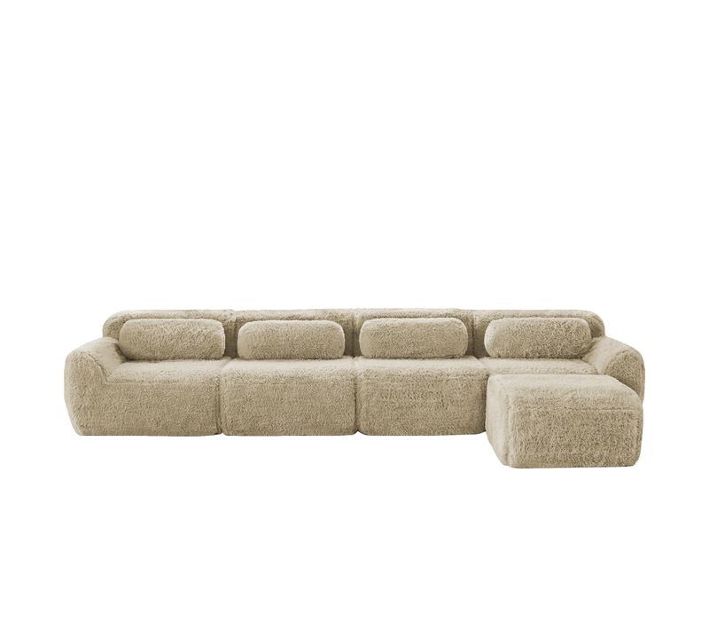 Canapé Compressé - 4 Places Modulable - 1 Pouf - Coussins - Installation Rapide - Peluche - Kaki