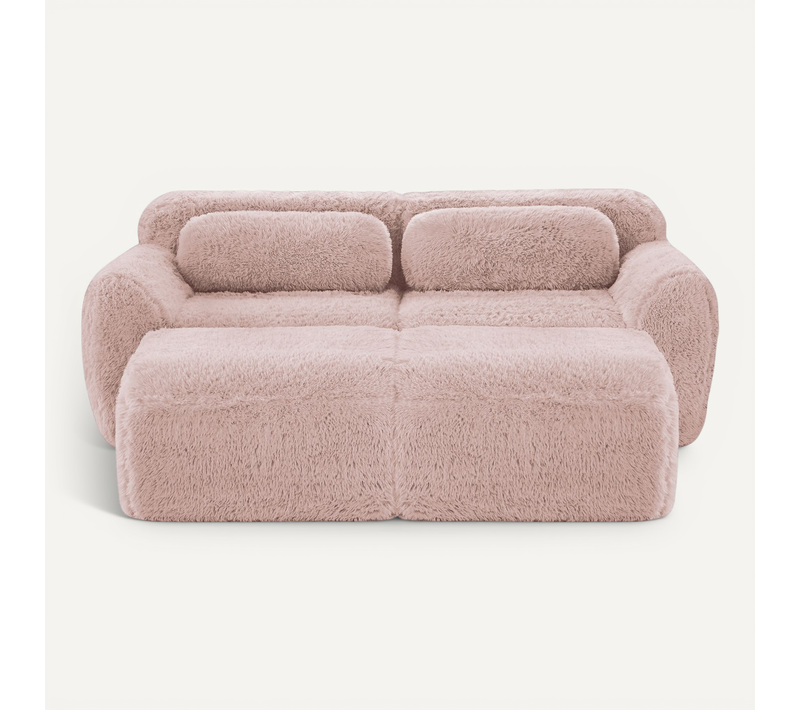 Canapé Compressé - Modulable - 2 Places Avec Pouf - Installation Rapide - Coussins - Peluche -rose