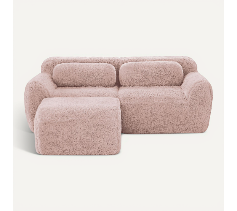 Canapé Compressé - Modulable - 2 Places - 1 Pouf - Coussins - Installation Rapide - Peluche - Rose