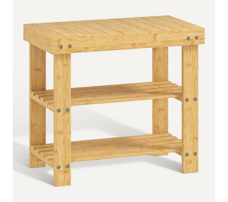 Banc à Chaussures En Bambou - 2 Niveaux Et Assise - Étagère Pour Entrée Ou Couloir - Naturel