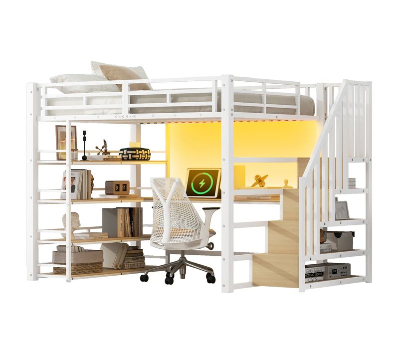 Lit Mezzanine 140x200 Ado Avec Bureau Intégré Et Rangements, Escaliers Sécurisés Et LED, Métal Blanc