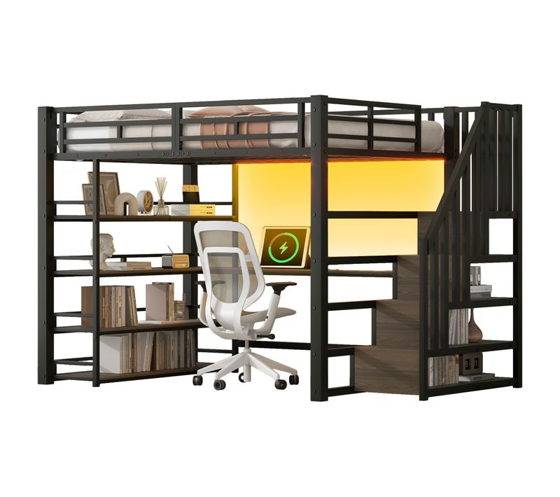 Lit Mezzanine 140x200 Ado Avec Bureau Intégré Et Rangements, Escaliers Sécurisés Et LED, Métal Noir