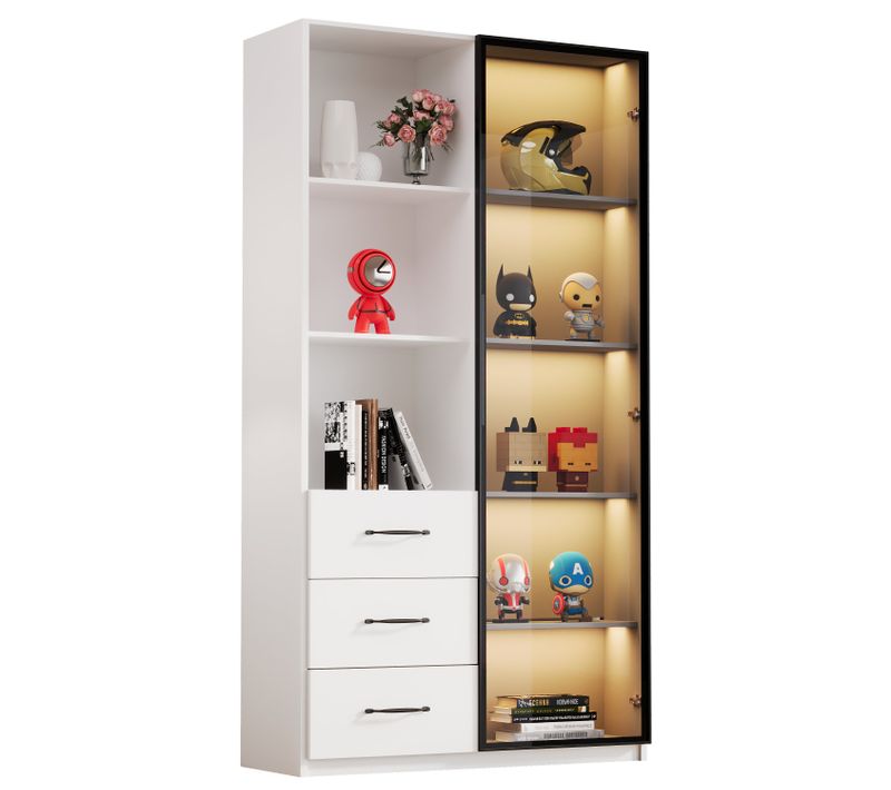 Vitrine LED 80 × 40 × 160 Cm Bibliothèque Avec Porte En Verre Trempé, LED, 3 Tiroirs