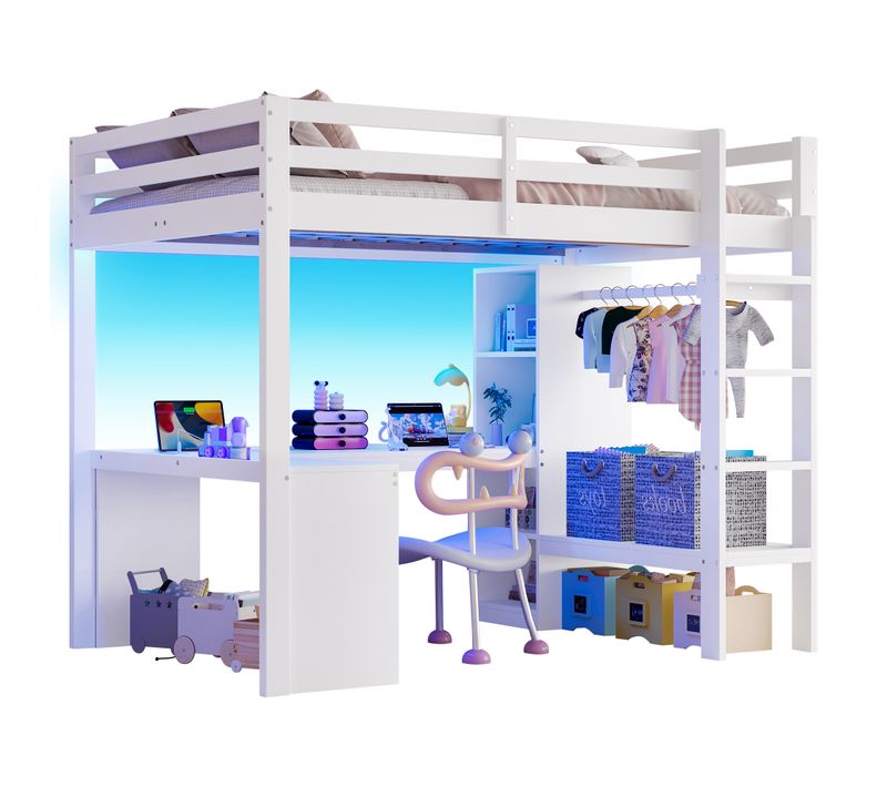 Lit Mezzanine 140x200 Double Avec Bureau, LED, USB Et étagères,structure Stable, Blanc