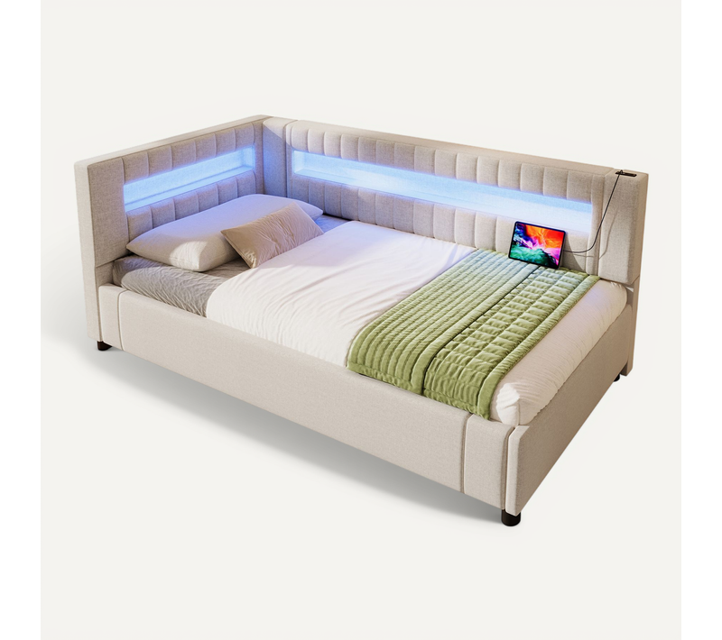 Lit Banquette 90x200 Cm - Lit Simple - Ports USB - Coffre Hydraulique - Tissu Lin - Beige
