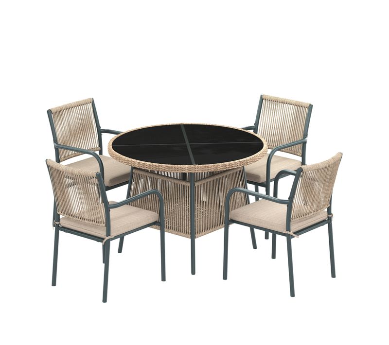 Salon De Jardin En Rotin, Table Ronde En Verre Trempé + 4 Fauteuils Avec Accoudoirs,structure En Fer