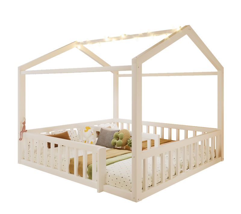 Lit Enfant 90/180x190 Cm - Lit Cabane Avec LED Intégré Et Barrières De Sécurité - Moderne - Blanc